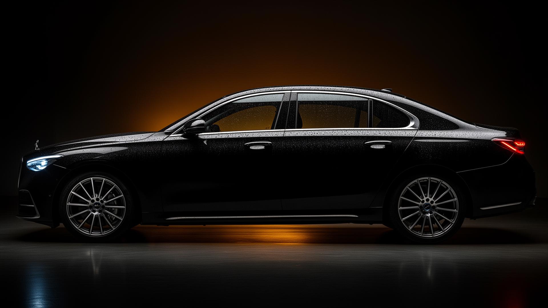 Freshly detailed black sedan with water beading